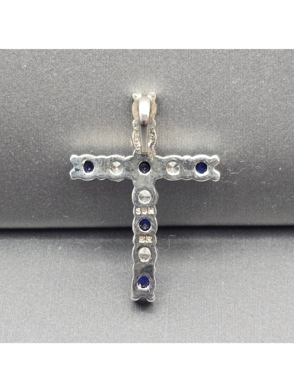 Sterling Silver Lab Sapphire CZ Cross Pendant Dainty Blue Charm 925 Hidden Bail - Picture 3 of 11